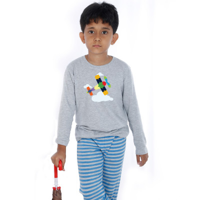 Grey Full Sleeve Boys Pyjama - Aeroplane